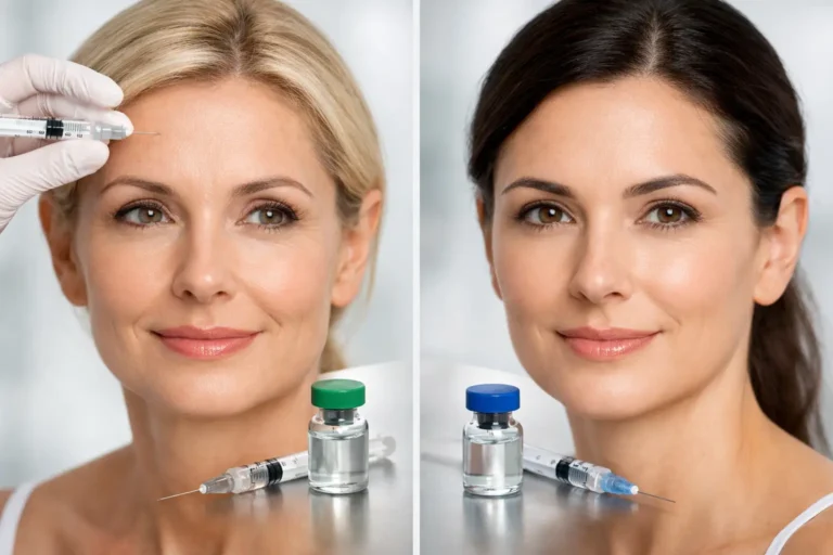 Before and after cosmetic injections: left side shows a syringe near the forehead; right side shows smoother skin with vials and a syringe on the table.